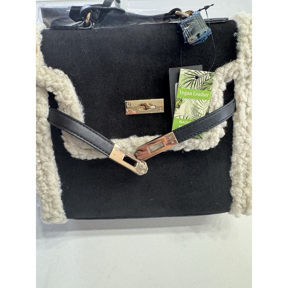 Badgley Mischka Vegan Leather Satchel Handbag Fur Border Black NWT $159 - Picture 6 of 8